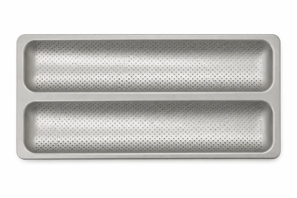 2-channel perforated baguette pan, top view