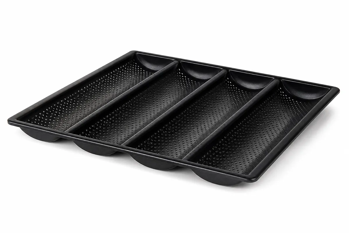 4-channel black baguette pan showing channel depth
