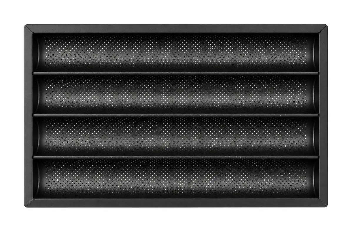 4-channel black perforated baguette pan, top view