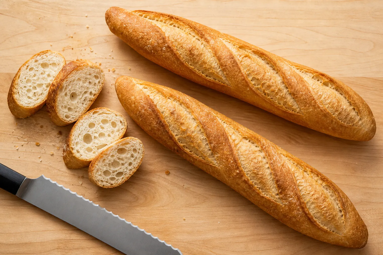 Commercial multi-channel baguette pans with baked baguettes