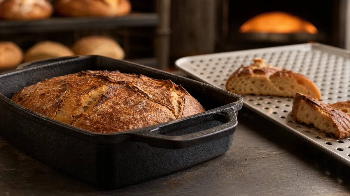 Crust-focused bakeware for bread pizza and cornbread browning