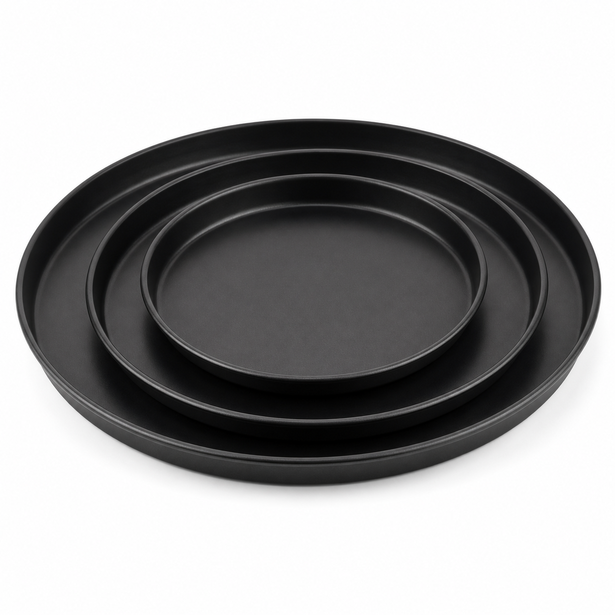 black non-stick pizza trays with coated commercial baking surfaces